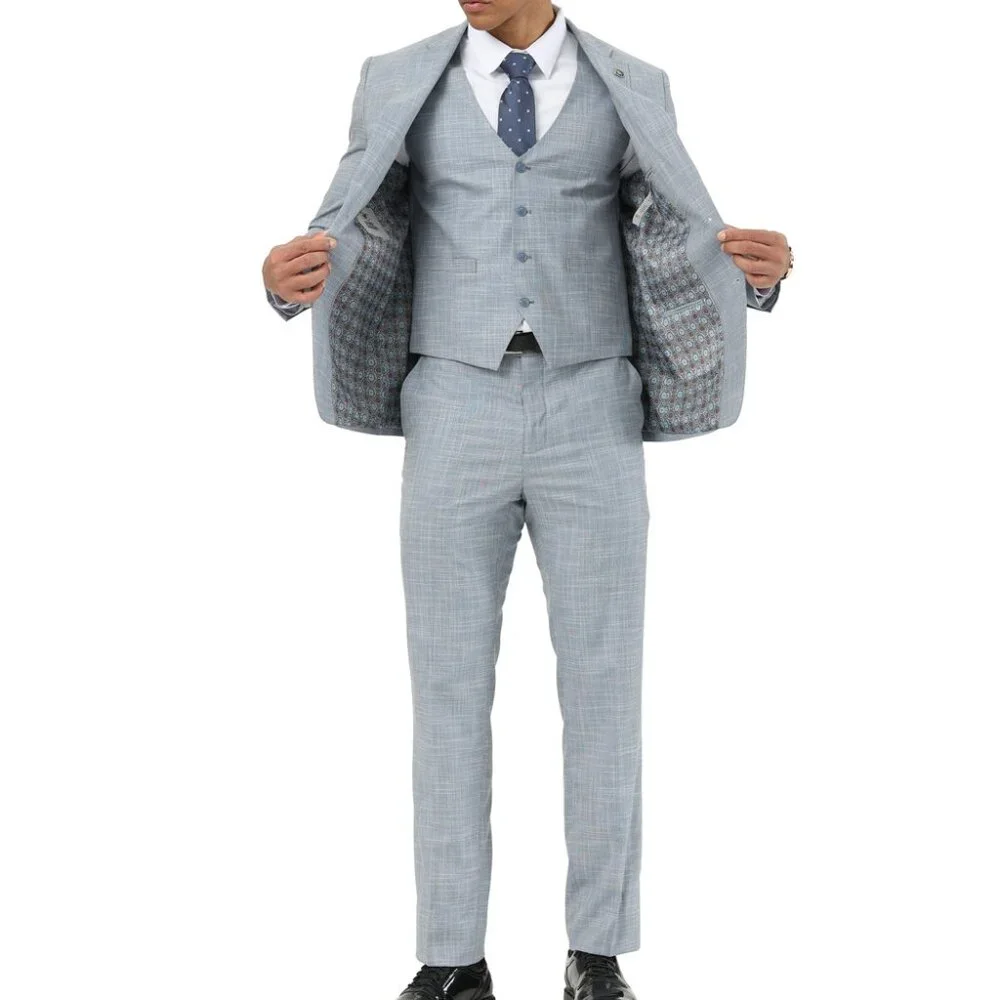 Light Blue Crosshatch Pattern Notch Lapel 3 Piece Stacy Adams Men's Suit - Picture 2 of 3